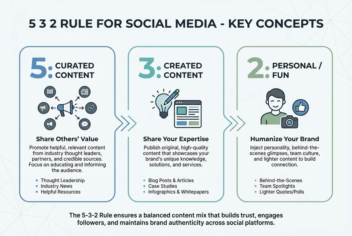 Diagram showing the 5 3 2 rule for social media content breakdown: 5 curated, 3 original, 2 promotional posts