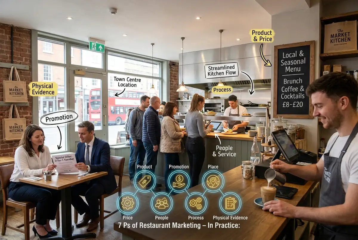 Illustration of 7 P's of restaurant marketing applied to a typical UK venue