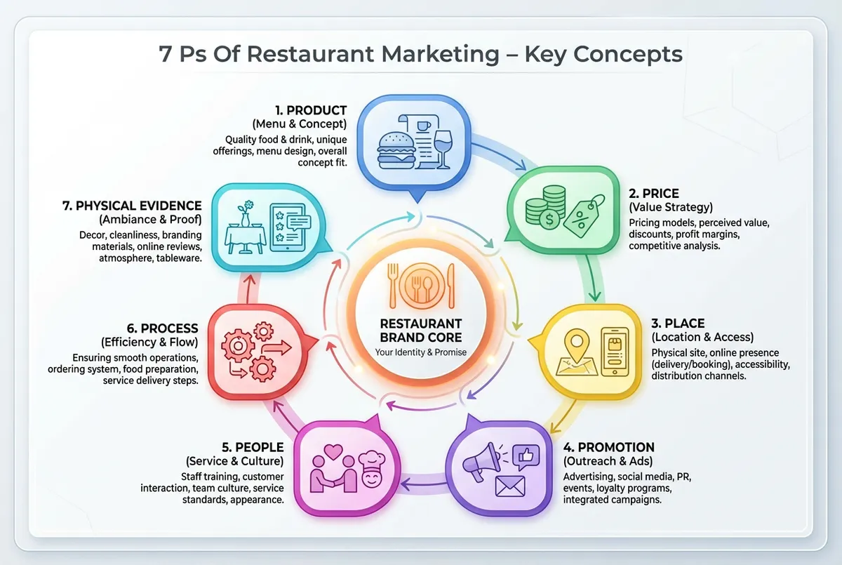 Diagram showing the 7 P's of restaurant marketing framework for UK businesses