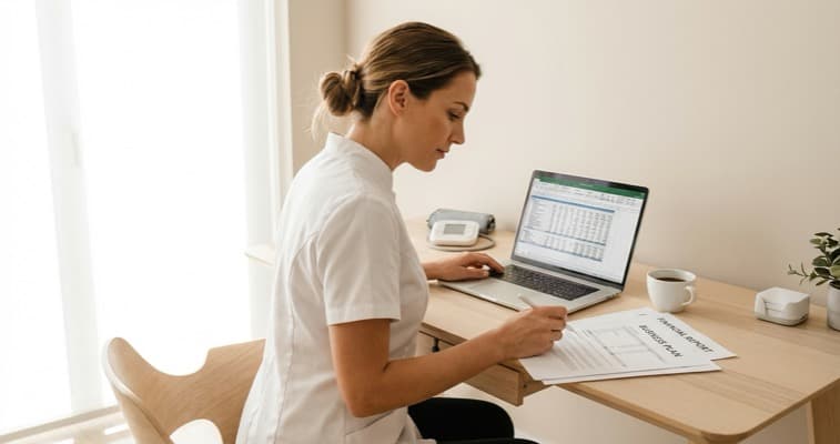 Aesthetics practitioner working on a business plan at desk with financial documents
