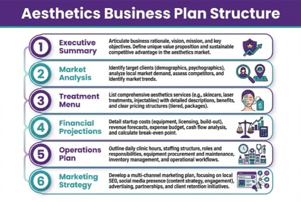 Diagram showing the six sections of an aesthetics business plan: Executive Summary, Market Analysis, Treatment Menu, Financial Projections, Compliance Plan, Marketing Strategy