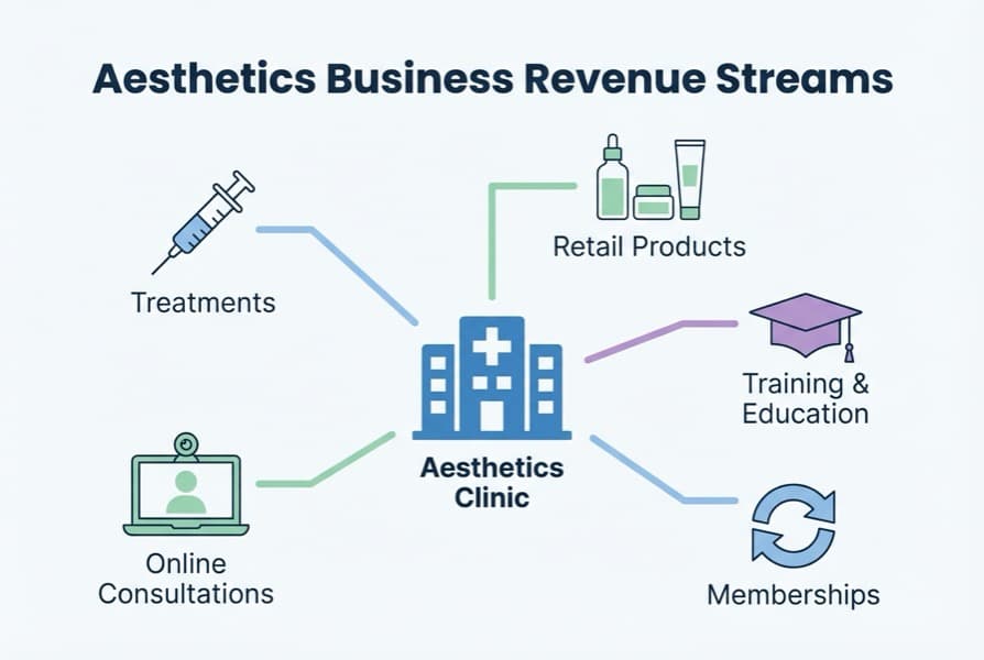Aesthetics business revenue streams diagram showing five income branches: treatments, products, training, memberships, and online consultations