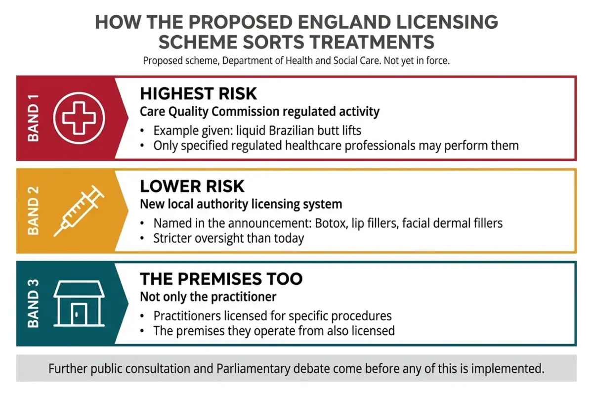 Aesthetics clinic marketing diagram: what the proposed licensing scheme asks about the practitioner, the procedure risk and the clinic premises