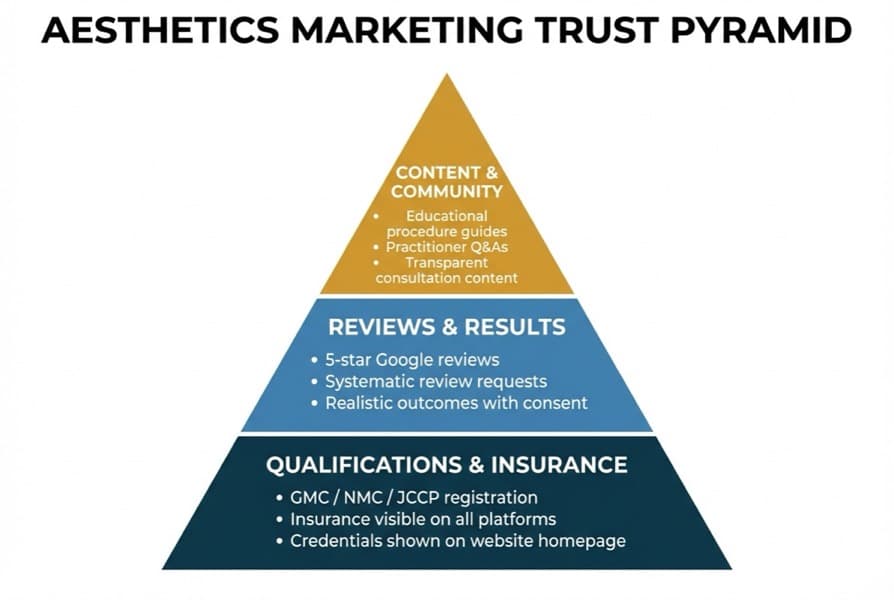 Aesthetics marketing trust framework diagram — base: Qualifications and Insurance, middle: Reviews and Results, top: Content and Community