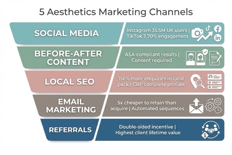 Infographic showing 5 aesthetics marketing channels: Social Media, Before-After Content, Local SEO, Email, and Referrals