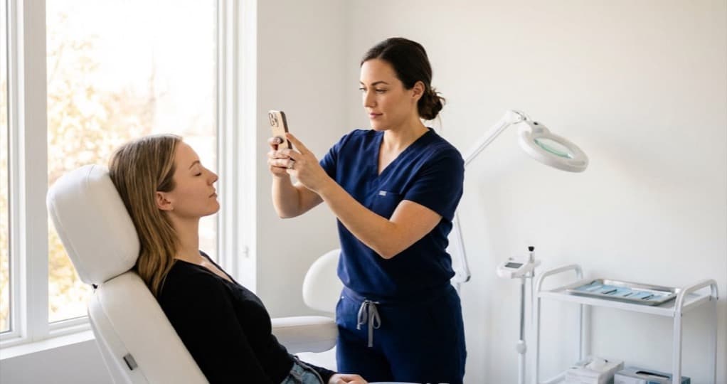 Aesthetics practitioner documenting client treatment results in a clinical setting