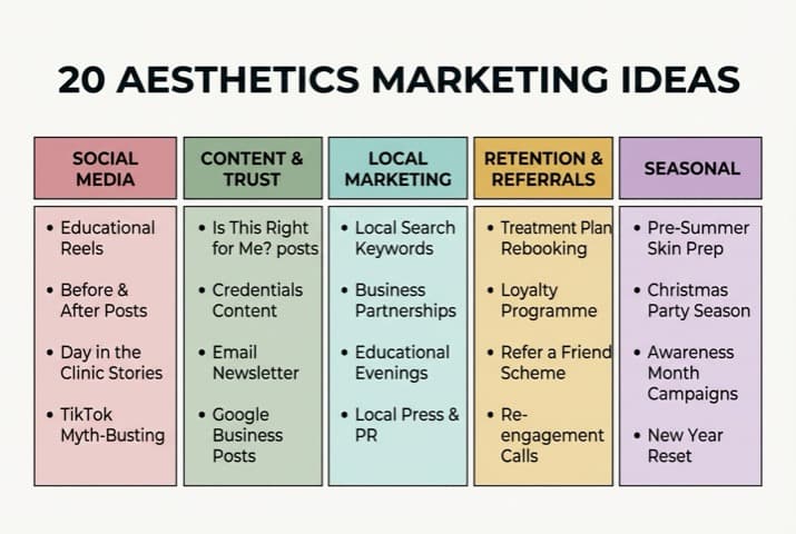 Diagram showing 20 aesthetics marketing ideas organised across 5 colour-coded categories: Social Media, Content Trust, Local Marketing, Client Retention, and Seasonal Events