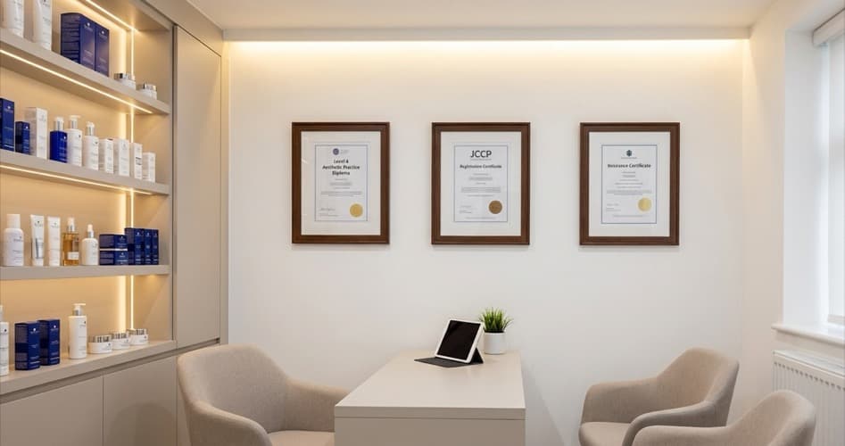 Framed qualifications and certificates displayed on an aesthetics clinic wall
