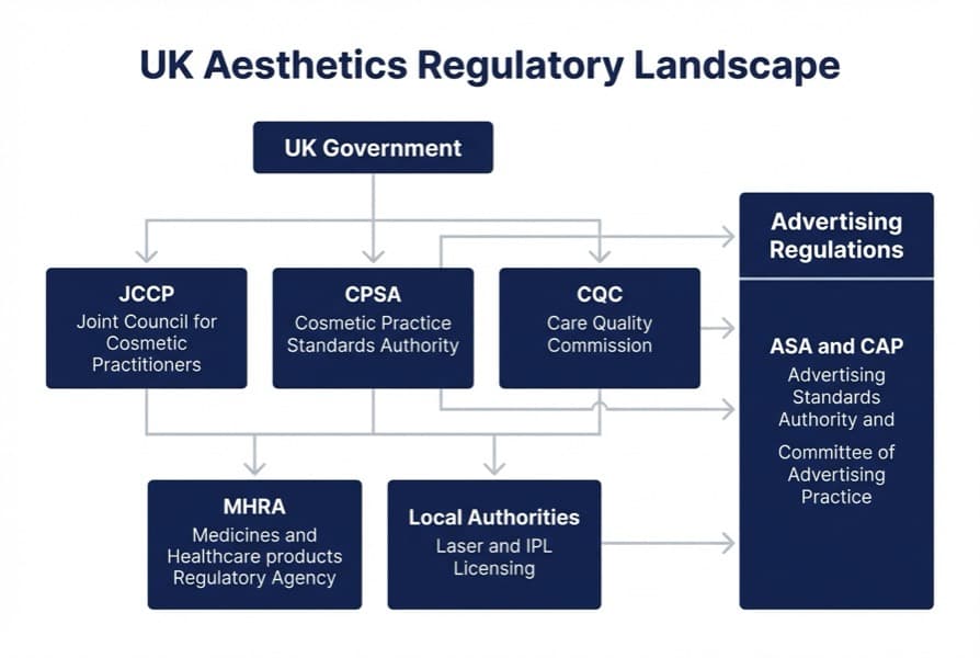 UK aesthetics regulatory landscape organisational chart showing JCCP, CPSA, CQC, MHRA and ASA roles in aesthetics regulations UK
