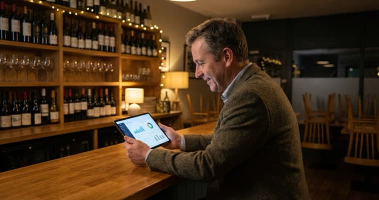 UK restaurant owner using AI tools on a tablet at the bar