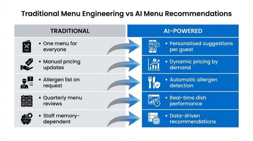 Traditional menu engineering vs AI-powered menu recommendations comparison diagram