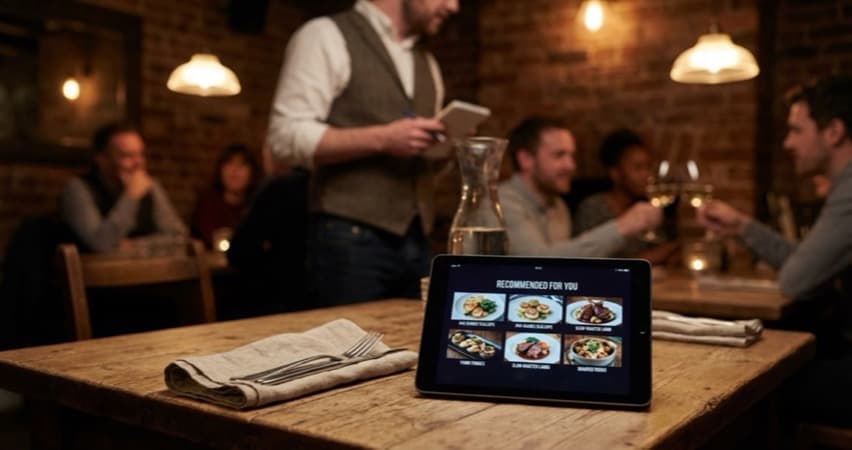 Restaurant tablet displaying AI-powered personalised menu recommendations for a UK diner