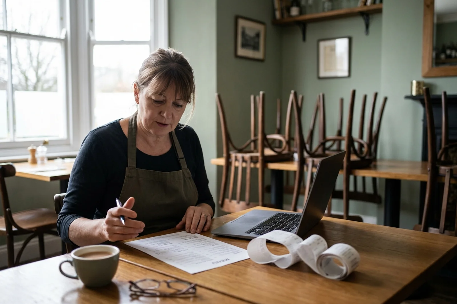 Restaurant owner reviewing an item level sales export against the paper menu before service, the operator-facing side of AI menu recommendations
