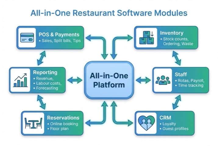 Diagram showing how all-in-one restaurant software connects POS, inventory, scheduling, CRM and reporting