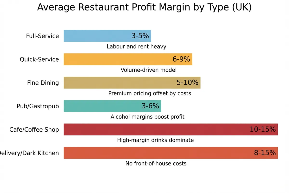 Comparison diagram showing average net margin percentages for six restaurant types with profitability drivers