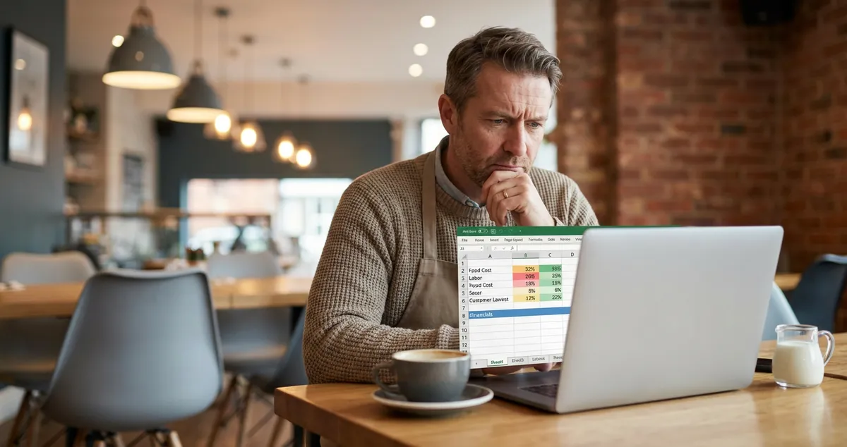 UK restaurant owner comparing average restaurant profit margin benchmarks on a laptop