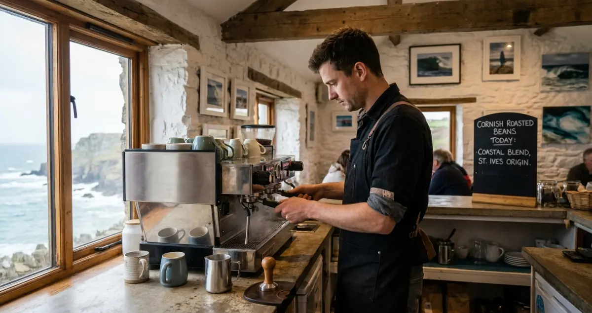 Barista training Cornwall — barista at a Cornish coastal cafe pulling shots with sea views through the window