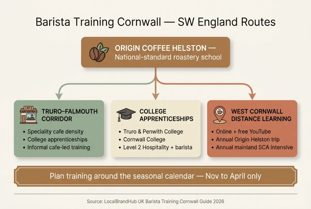 Barista training Cornwall — diagram showing Origin Coffee, college routes, Falmouth/Truro/Newquay clusters, and seasonal training timing