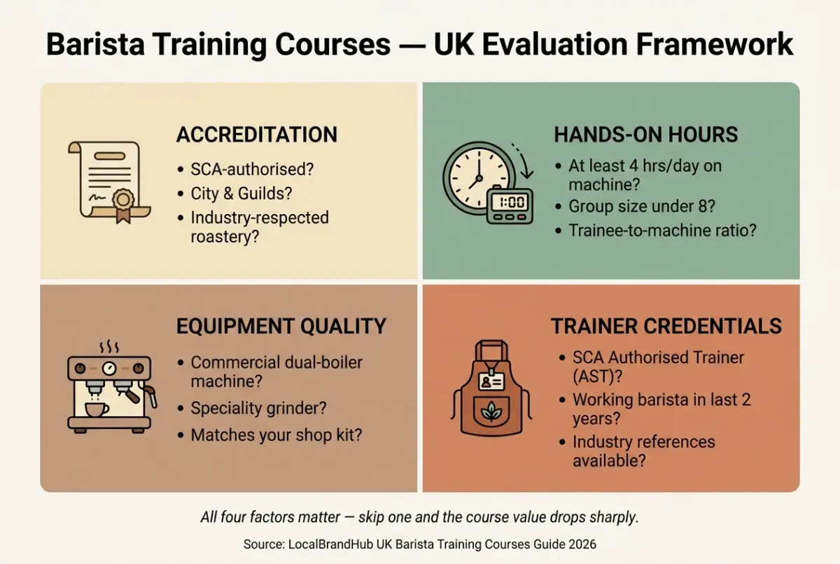 Barista training courses — diagram showing the four-factor evaluation framework: accreditation, hands-on hours, equipment, trainer credentials
