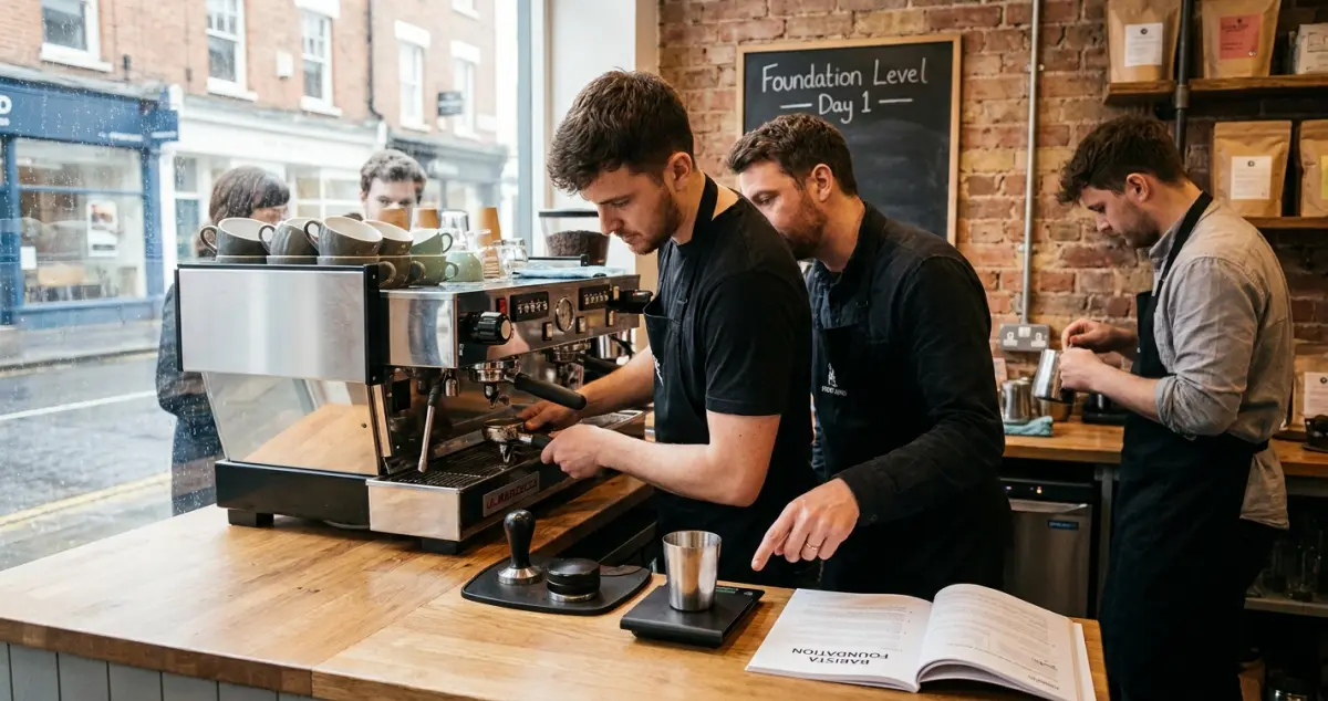 Barista training courses — UK trainee in a hands-on session at a commercial espresso machine with a trainer demonstrating dose and tamp