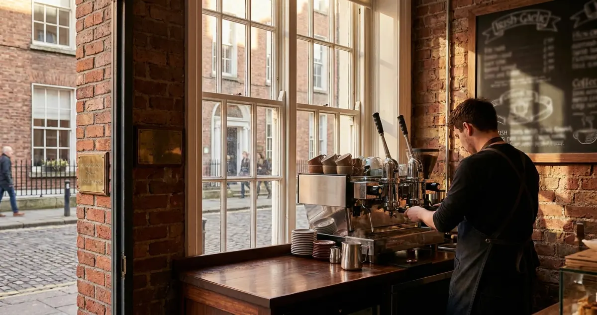 Barista training Dublin — barista at a Dublin speciality cafe pulling shots on a commercial machine in a Georgian-fronted shop