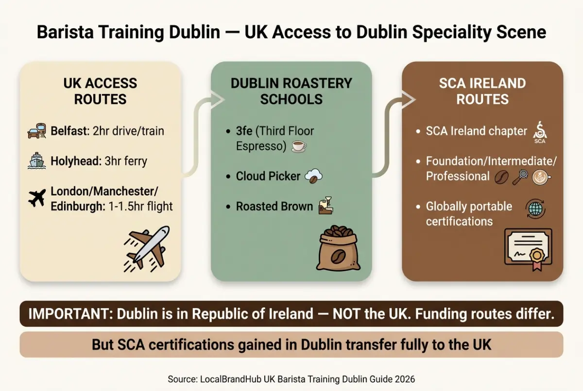 Barista training Dublin — diagram showing Dublin's main roastery schools, SCA Ireland routes, and cross-border access for UK baristas