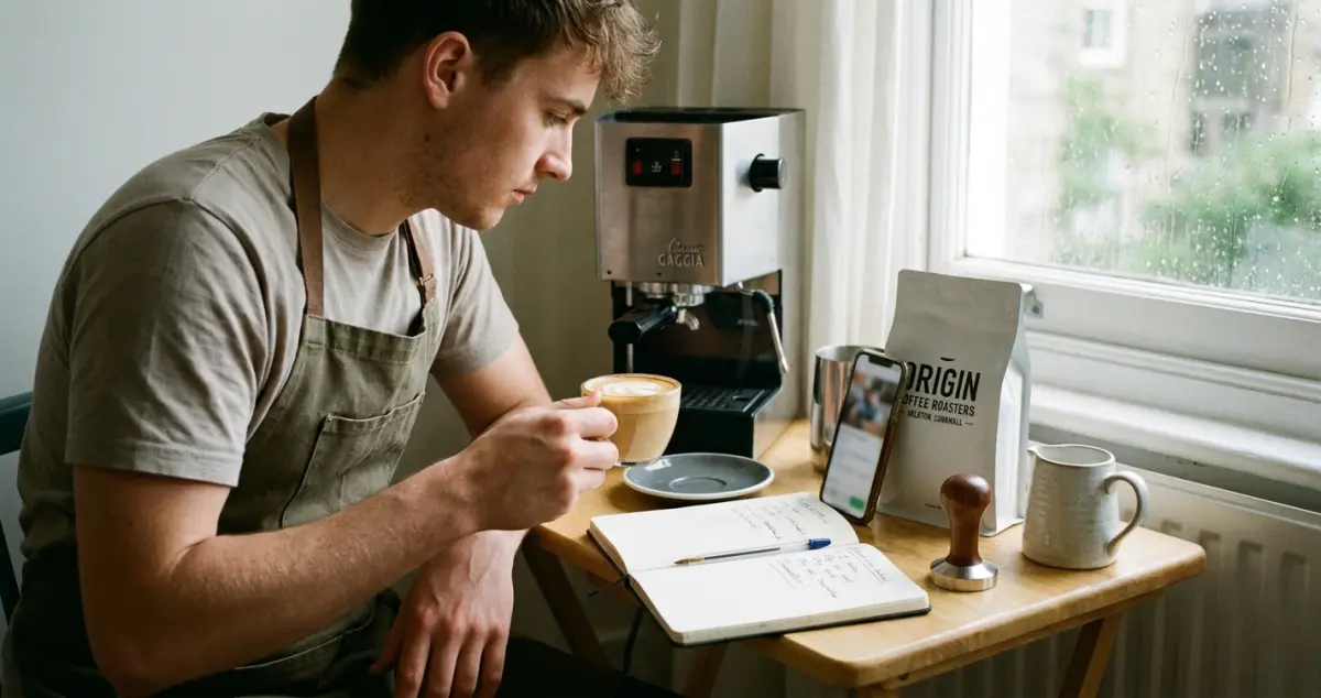 Barista training free — UK barista watching a free YouTube tutorial on a phone propped beside a home espresso setup
