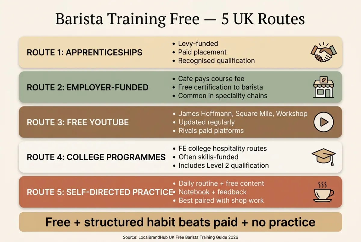 Barista training free — diagram showing five zero-cost UK routes: apprenticeships, employer-funded, free YouTube, library/college, and self-directed practice