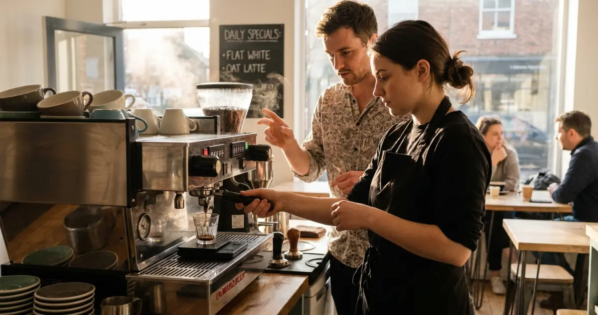 Barista training — UK barista in a black apron pulling shots on a commercial espresso machine while a trainer watches