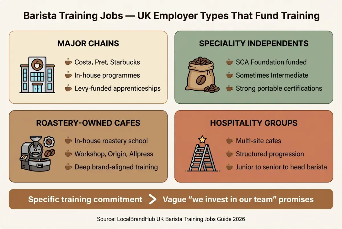 Barista training jobs — diagram showing the four UK employer types that fund barista training: chains, speciality independents, roastery cafes, and apprenticeship providers