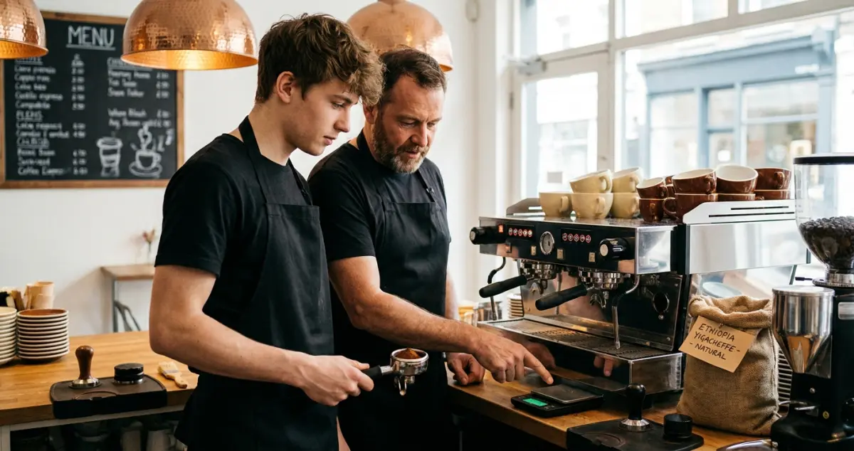 Barista training jobs — UK barista on their first day at a speciality cafe being shown the espresso machine by a senior barista