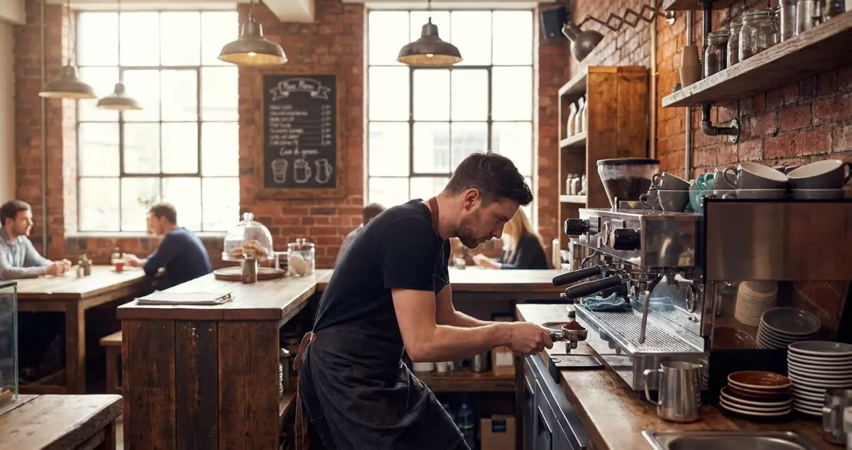 Barista training Northern Ireland — Belfast speciality cafe with a barista pulling shots on a commercial machine, brick wall and exposed beams