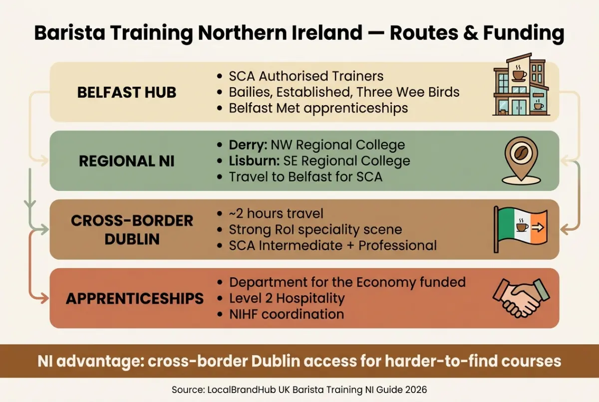 Barista training Northern Ireland — diagram showing Belfast hub, regional NI options, cross-border Dublin route, and apprenticeship funding