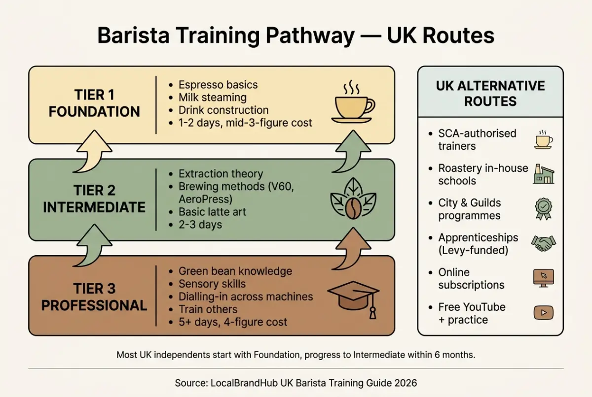Barista training pathway — diagram showing Foundation, Intermediate and Professional levels alongside UK alternatives like apprenticeships and free options