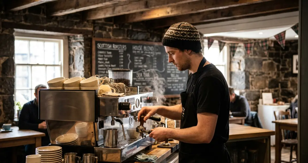 Barista training Scotland — Edinburgh barista at a speciality cafe pulling shots on a commercial machine in a stone-walled shop