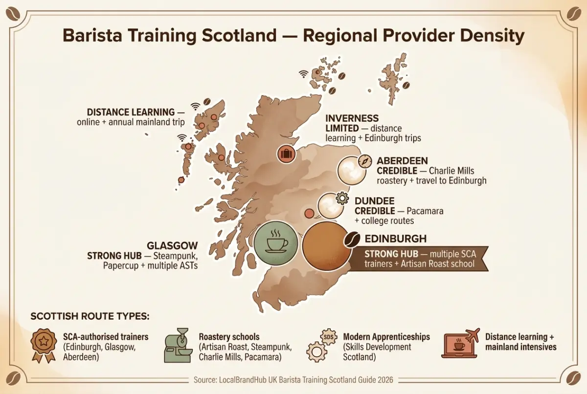 Barista training Scotland — diagram showing provider density across Scottish regions: central belt strong, Aberdeen/Dundee credible, Highlands distance learning