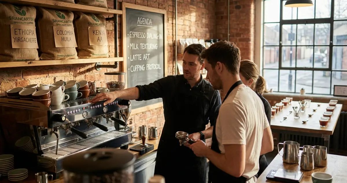 Barista training UK — UK barista at a roastery training school working on a commercial espresso machine with a trainer beside