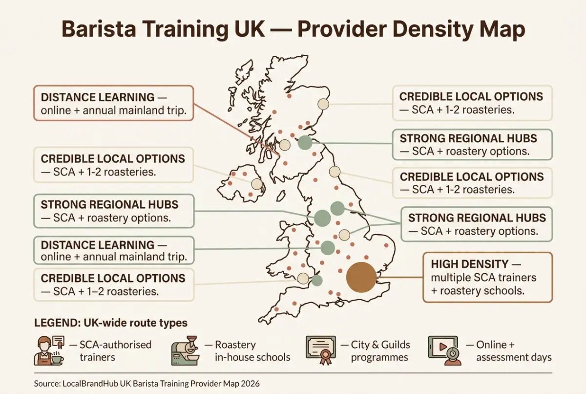 Barista training UK — diagram showing four UK-wide route types and regional provider density across the country