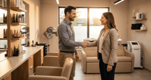 Buyer and seller shaking hands inside a modern beauty salon