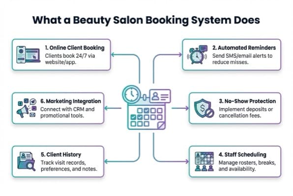 Infographic showing the six core functions of a beauty salon booking system: Online Client Booking, Automated Reminders, No-Show Protection, Staff Scheduling, Client History, and Marketing Integration connected to a central calendar icon