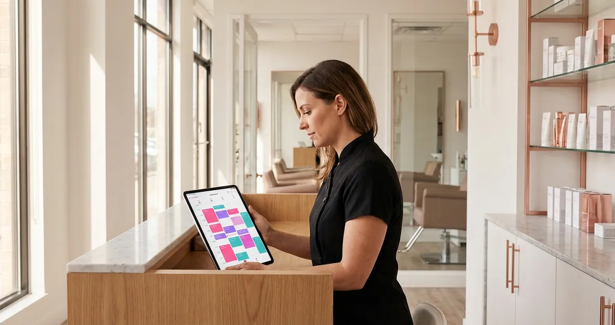 A beauty salon owner checks her booking schedule on a tablet at the reception desk with appointment blocks visible and treatment chairs blurred in background