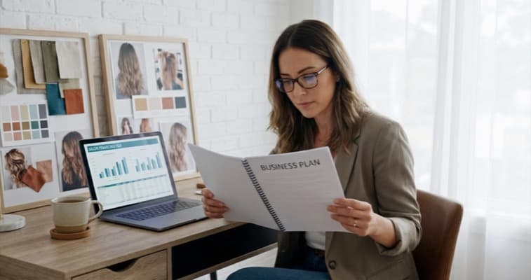 A beauty salon owner reviewing a business plan document at a modern desk with a laptop showing financial charts