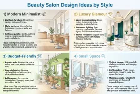 Infographic of four beauty salon design styles: minimalist, luxury, budget and small space