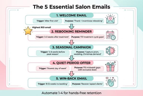 The 5 essential salon emails showing a timeline from welcome email to win-back email