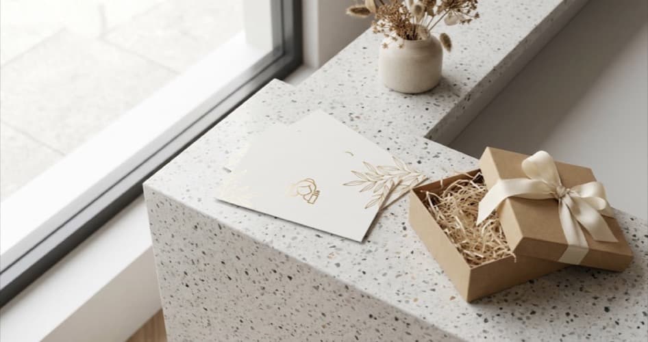 Beautifully designed beauty salon gift vouchers on a reception desk with ribbon and gift box