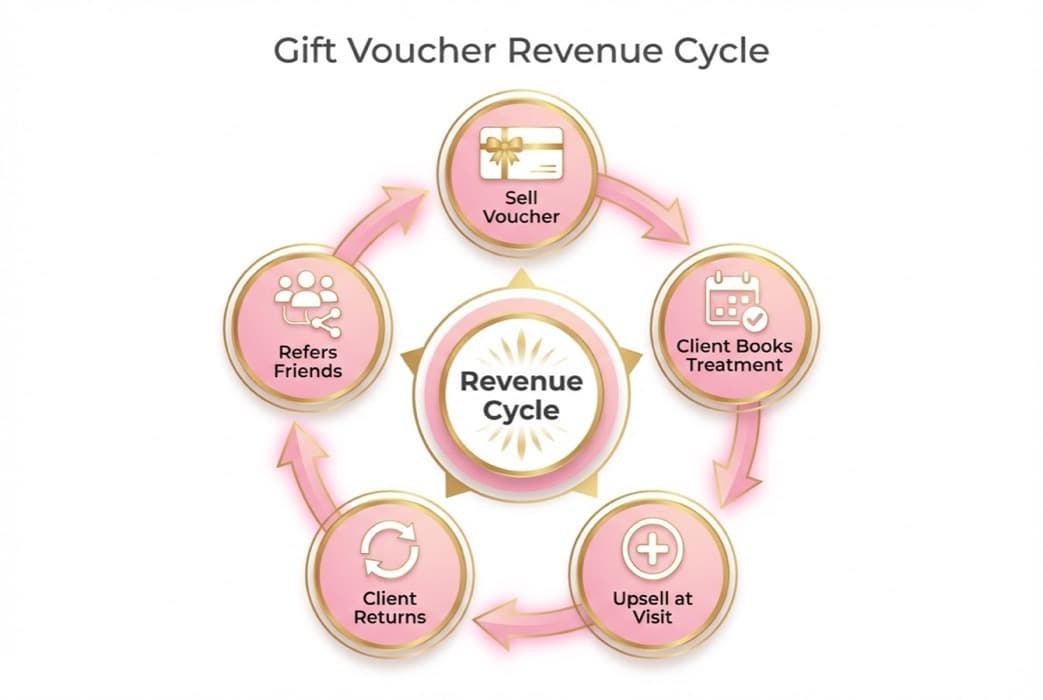 Gift Voucher Revenue Cycle: circular flow showing Sell Voucher to Client, Client Books Treatment, Upsell at Visit, Client Returns, Client Refers Friends