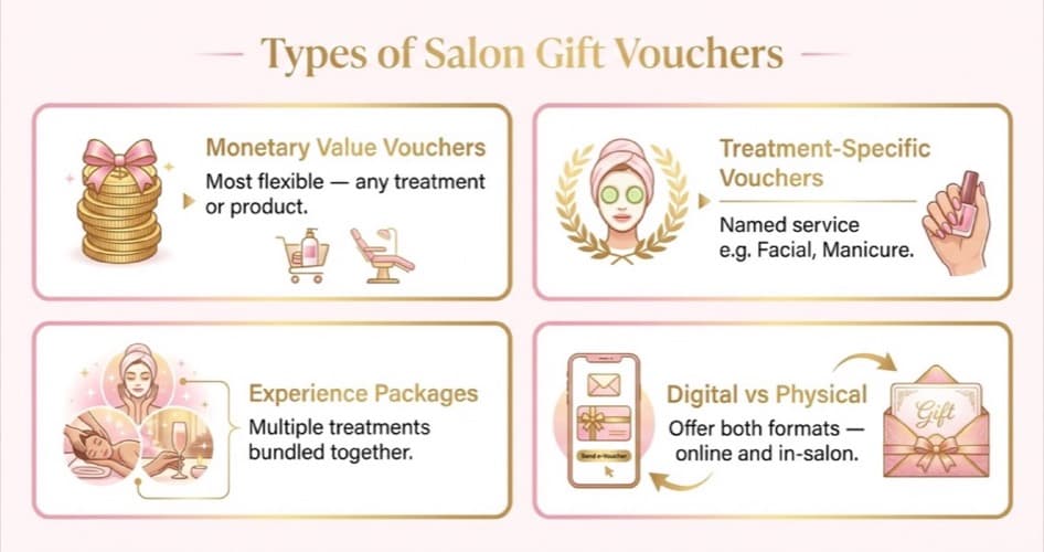 Diagram showing four types of beauty salon gift vouchers: monetary value, treatment-specific, experience packages, and digital vs physical