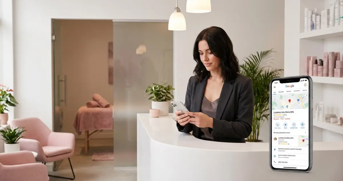 Beauty salon owner checking Google Business Profile on phone at reception desk