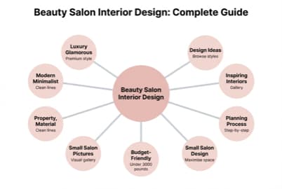 Hub-and-spoke diagram showing all eight beauty salon interior design guide topics