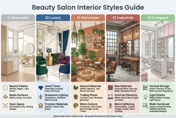 Infographic comparing five beauty salon interior styles and their key features